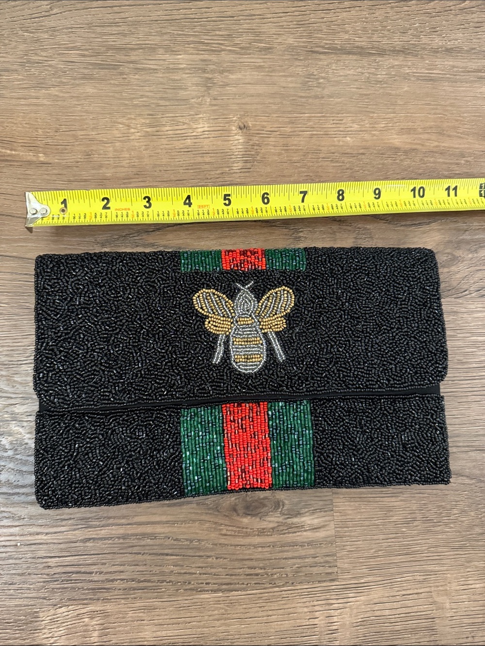 Black Beaded Clutch with Bee Accent - Black/Green/Red